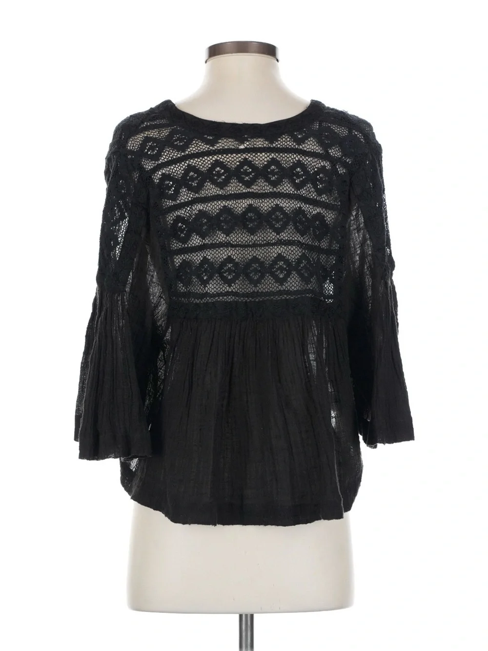 Free People Black Crochet-Yoke Lightweight Blouse